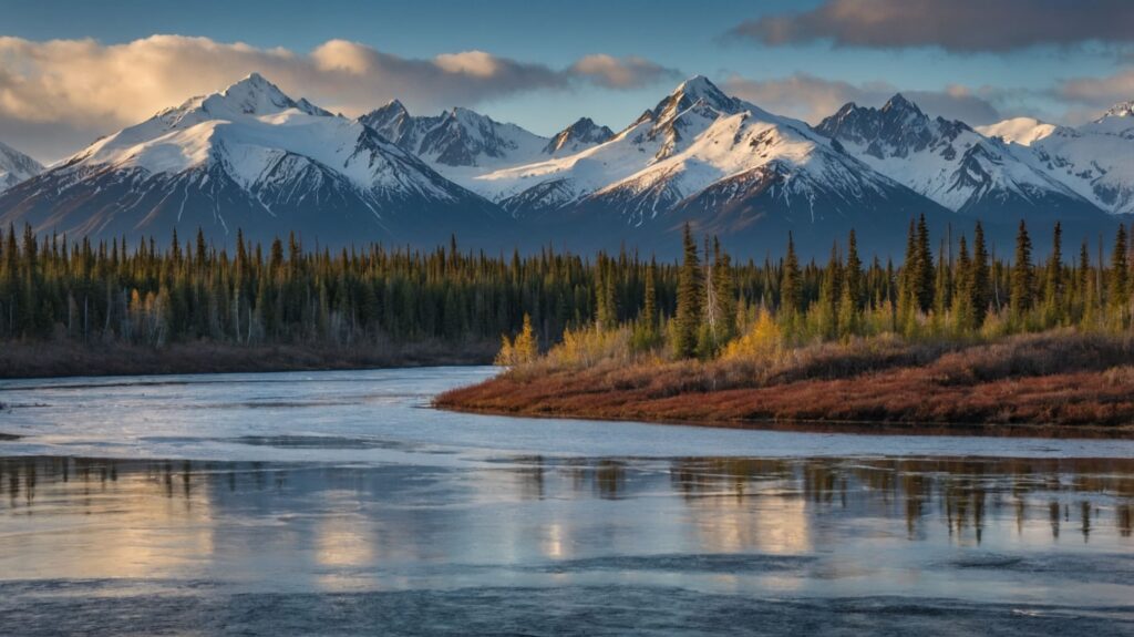 A stunning Alaskan landscape featuring a serene river reflecting the surrounding dense forest and majestic snow-capped mountains under a partly cloudy sky